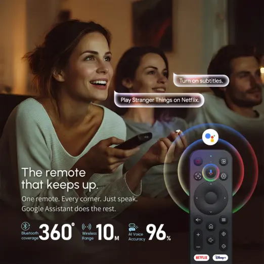 Projector next to a Google TV interface and app logos. Text highlights streaming, smart picks, AI voice, and profiles.
