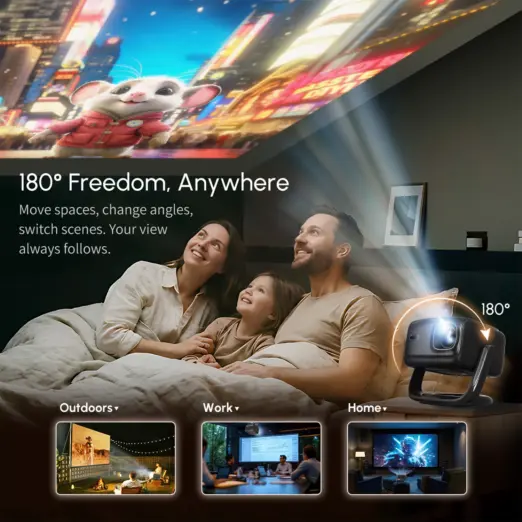 Family using the projector's voice remote. Features highlight Google Assistant, 360° Bluetooth, and 10M wireless range.