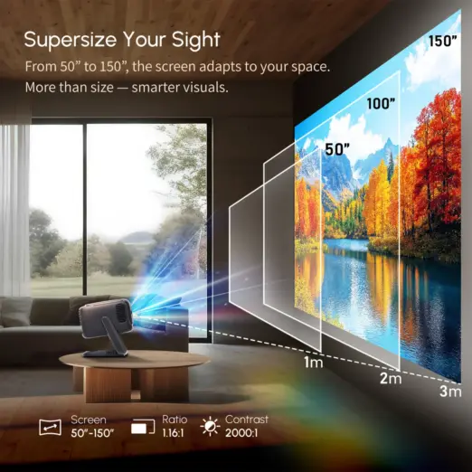 Family watching a ceiling projection in bed, demonstrating the 180° rotating stand. Insets show outdoor and work use.