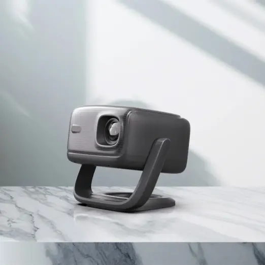RockTek PJ500 Ultra 1080p projector in dark gray, front angle on stand, textured face and glass lens