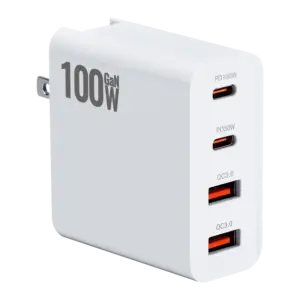 DROIX 100W 4Ports USB Charger in matte white, angled view with GaN 100W text and four red-accent ports