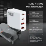 A white 100W GaN charger displayed next to a folded DJI drone, featuring text detailing the specific voltage and amperage outputs for its two USB-C (PD) and two USB-A (QC 3.0) ports