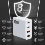 An infographic highlighting the charger's "8-Point Safety System," with icons indicating protection against over-temperature, over-current, over-voltage, over-charge, short circuits, and electric shock, alongside fireproof material and smart IC chip protection