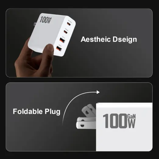 A split image showing a hand holding the compact charger in the top panel to demonstrate its aesthetic design, while the bottom panel illustrates the charger's foldable wall plug