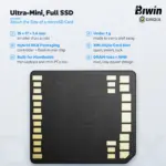 Blue Biwin CL100 Mini SSD card back with gold contacts, 15 x 17 x 1.4 mm size, under 1 g, SIM-style slot and HMB points
