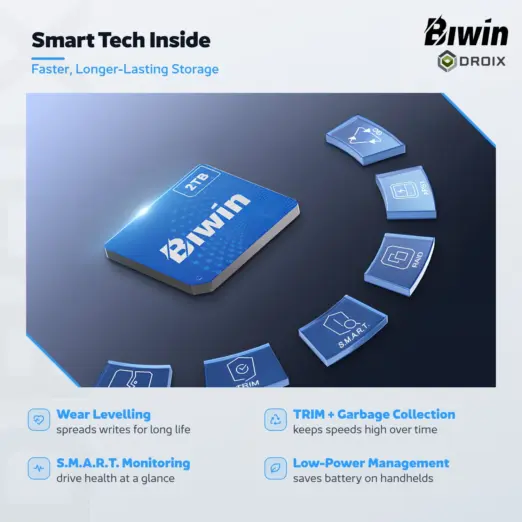 Blue Biwin CL100 Mini SSD card with floating tech tiles for wear levelling, TRIM, garbage collection and S.M.A.R.T.