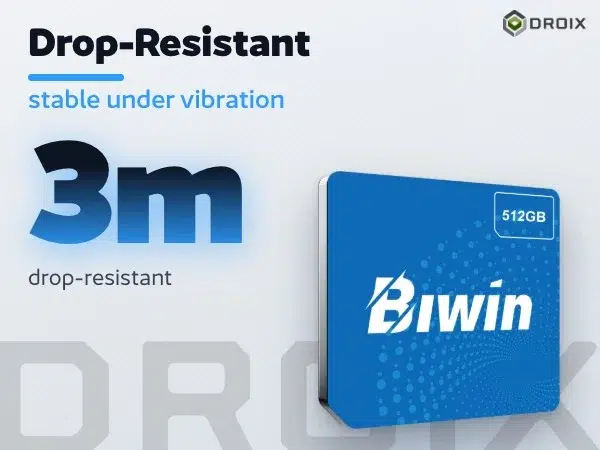 BIWIN Mini SSD 12 Blue Biwin CL100 Mini SSD card front angled left with 512GB badge, large 3m drop-resistant figure and vibration stability