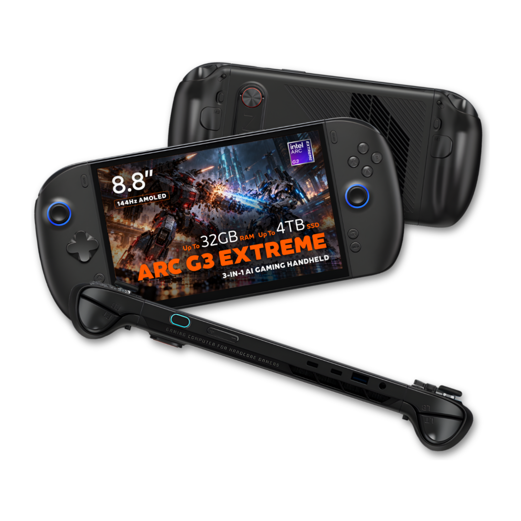 Black OneXPlayer 3 handheld gaming PC shown from multiple angles: front, rear, top and side views