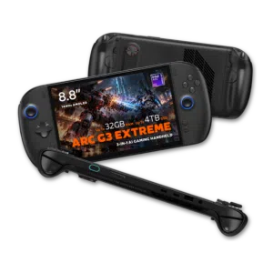 Black OneXPlayer 3 handheld gaming PC shown from multiple angles: front, rear, top and side views