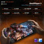 Black OneXPlayer 3 handheld gaming PC held in both hands running a game, with key feature overview