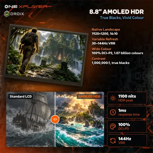 Black OneXPlayer 3 handheld PC 8.8-inch AMOLED screen, 1920x1200, 30-144Hz VRR and 100% DCI-P3