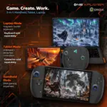 Black OneXPlayer 3 handheld gaming PC in handheld, tablet with kickstand and laptop keyboard modes