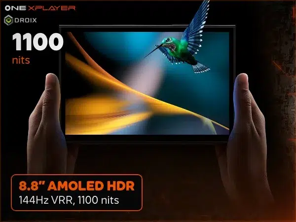 Black OneXPlayer 3 handheld gaming PC held in hands, 8.8-inch AMOLED HDR, 144Hz VRR, 1100 nits