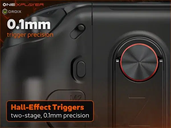 Black OneXPlayer 3 handheld gaming PC rear close-up of two-stage Hall-effect triggers and M2 button