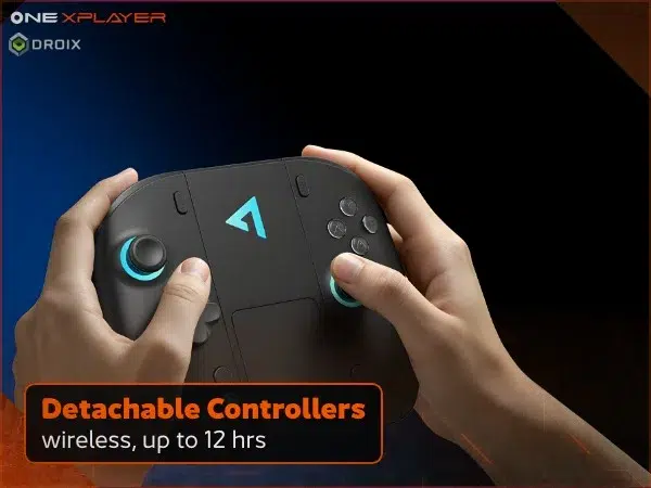 Black OneXPlayer 3 handheld gaming PC detachable wireless controllers in hands, up to 12 hours play