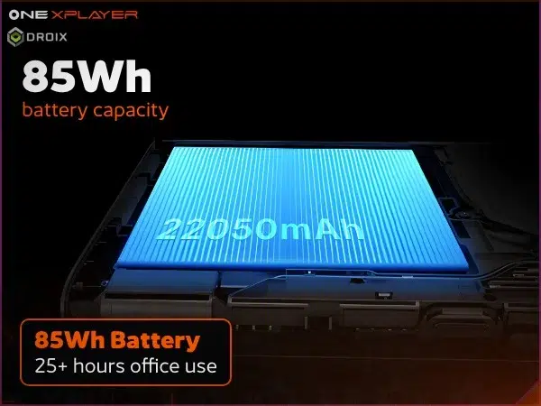 Black OneXPlayer 3 handheld gaming PC with 85Wh battery graphic and 25+ hours office use figure