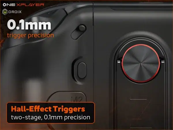 Black OneXPlayer 3 handheld gaming PC close-up of two-stage Hall-effect triggers, 0.1mm precision