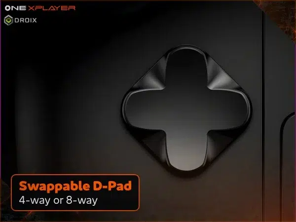 Black OneXPlayer 3 handheld gaming PC swappable D-pad close-up, switchable 4-way or 8-way input