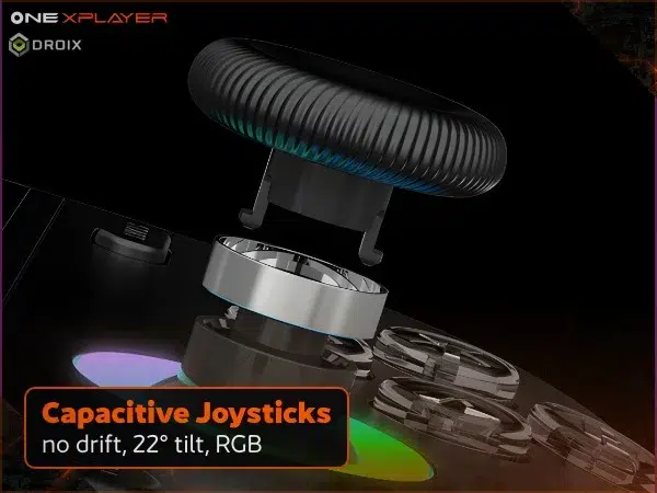 Black OneXPlayer 3 handheld gaming PC close-up of capacitive RGB joystick, no drift, 22-degree tilt