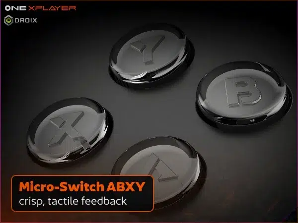 Black OneXPlayer 3 handheld gaming PC micro-switch ABXY buttons close-up with tactile feedback