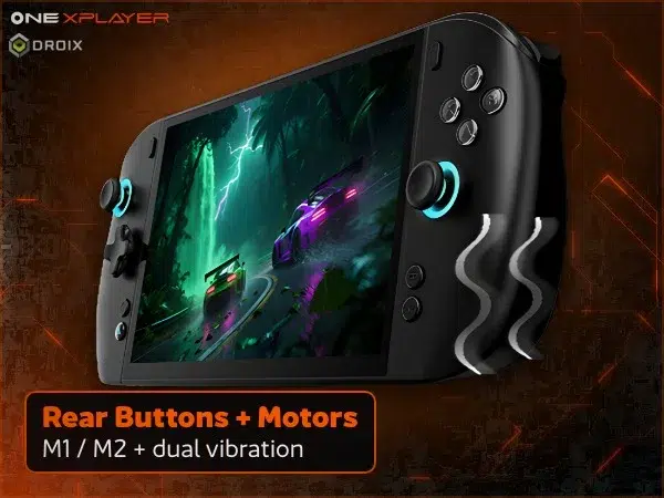 Black OneXPlayer 3 handheld gaming PC rear view with M1 and M2 buttons and dual vibration motors