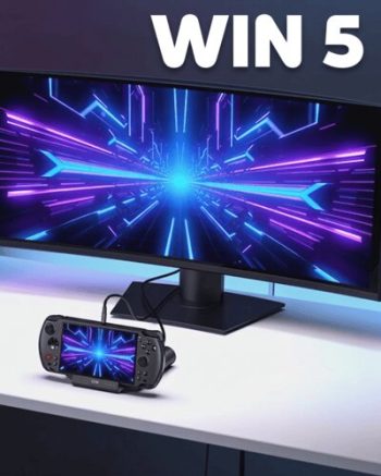 A vertical promotional image for the GPD WIN 5 handheld gaming console. The device is shown on a stand, placed on a white desk, and connected by a cable to a large, ultra-wide monitor. Both the console's screen and the monitor display a matching abstract, cyberpunk-style design with bright blue and purple glowing lines converging at a central point. The text "WIN 5" is in large white letters at the top, and a green, rounded button with the text "PRE-ORDER NOW" is at the bottom.