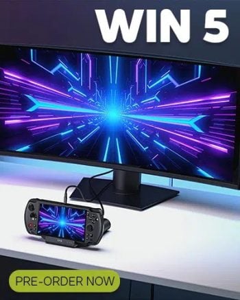 A vertical promotional image for the GPD WIN 5 handheld gaming console. The device is shown on a stand, placed on a white desk, and connected by a cable to a large, ultra-wide monitor. Both the console's screen and the monitor display a matching abstract, cyberpunk-style design with bright blue and purple glowing lines converging at a central point. The text "WIN 5" is in large white letters at the top, and a green, rounded button with the text "PRE-ORDER NOW" is at the bottom.